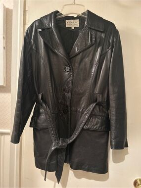 Women's Black Leather Belted Jacket